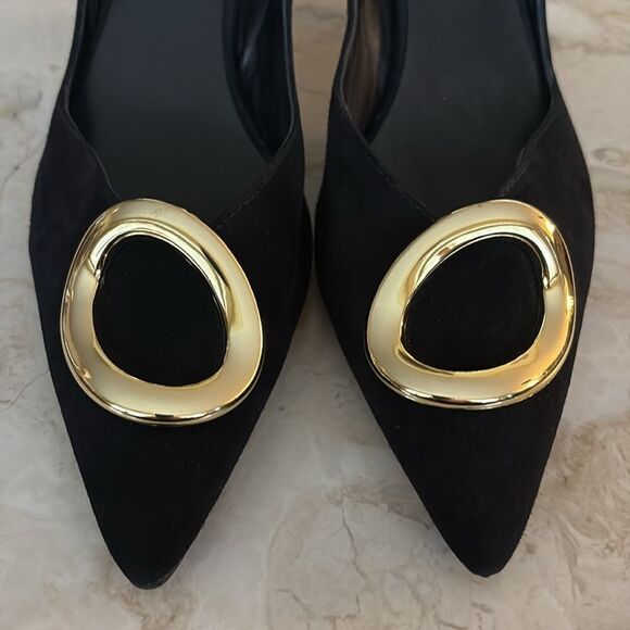 Hogl Suede Leather Kitten Heels Gold Tone Buckle 6-6.5 - Picture 7 of 13